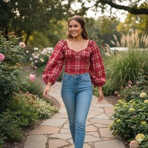 Free People XS Cherry Bomb Red Plaid Baby Doll Crop Top Full Sleeve Cherrygirl